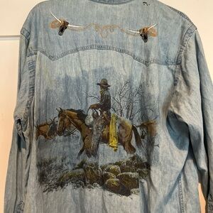 Vintage men’s Denim button down Shirt with Cowboy and Horse Design